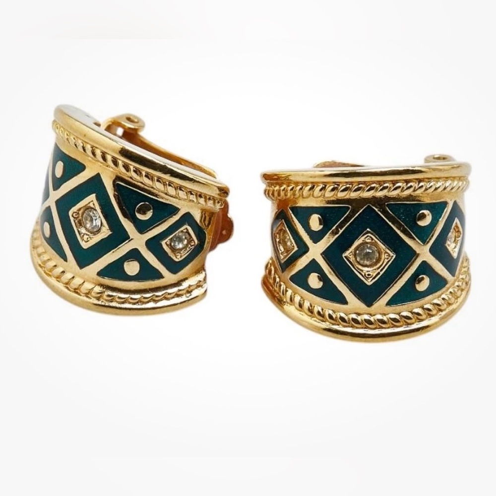 Burberry Moss Green and Gold Rhinestone and Enamel Clip-On Earrings